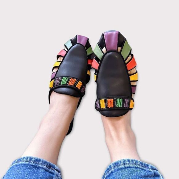 New Farm Rio Colorfully Beaded Black Sandals Mules Size US7/EU38 - Picture 3 of 8